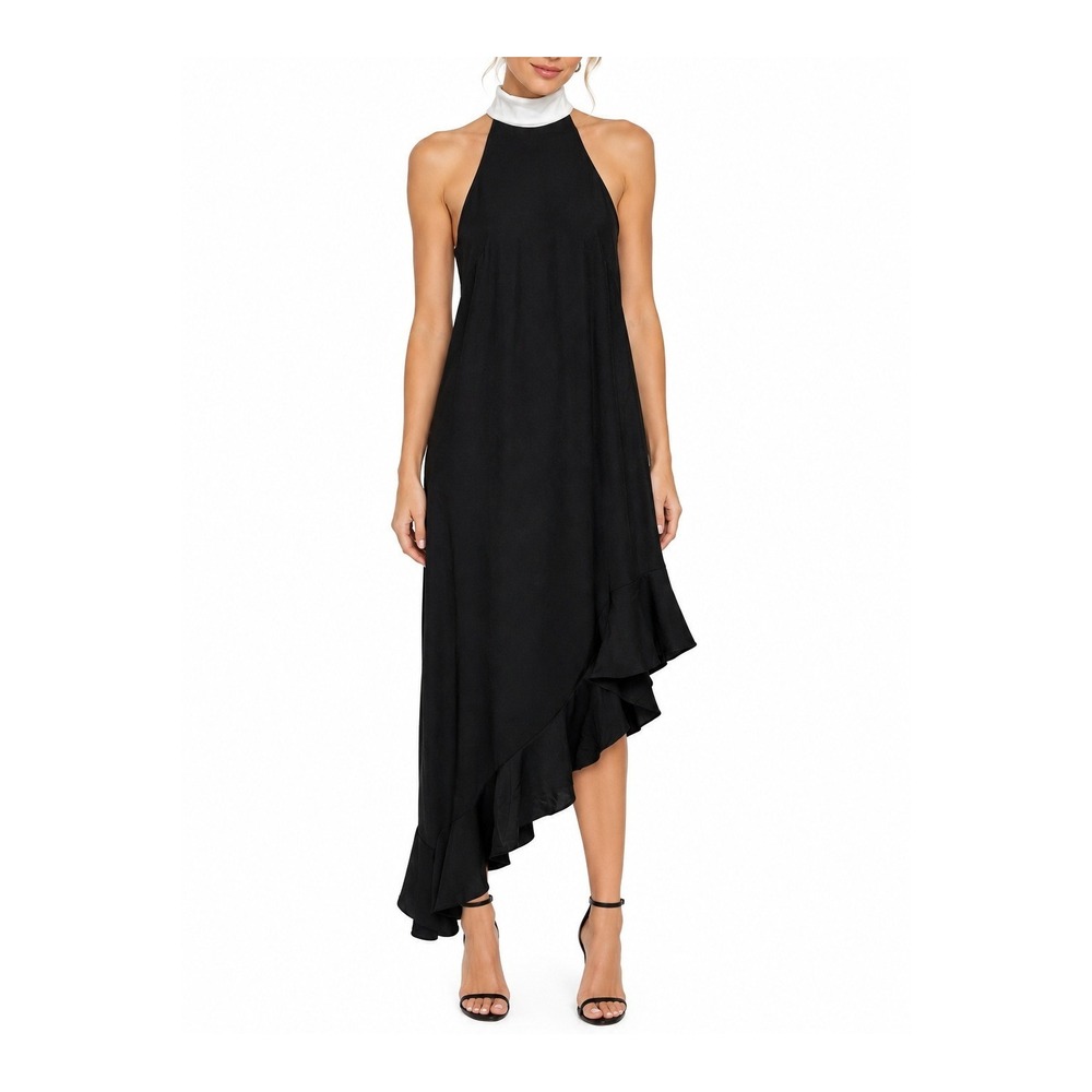 Karl Lagerfeld Paris Black White Halter Asymmetrical Ruffle Midi Dress 6 NEW